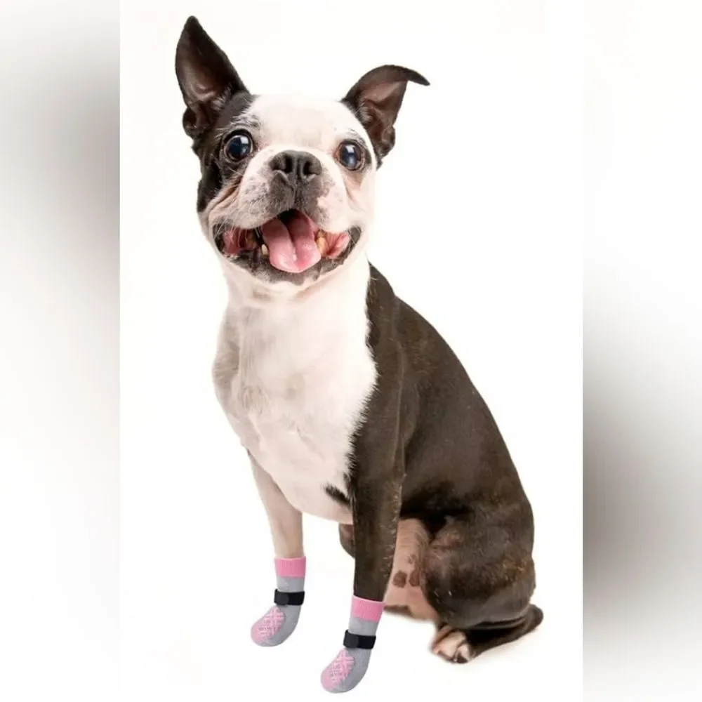 BeautyZoo NWT Dog Gray/Pink Classic Plaid Non-Slip 4pc Sock Set Sz Small/Medium